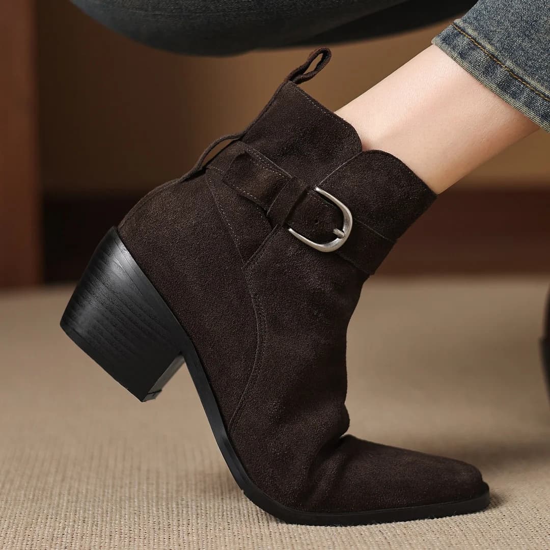 Women's autumn boots in natural suede leather with square tip and metal buckle with side zip, medium heel often 5.5 cm, casual shoes short boots