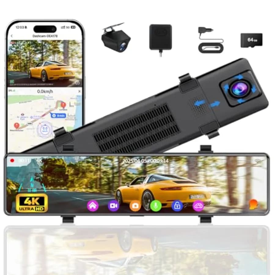 Dash Cam a Specchio 12 Pollici Anteriore e Posteriore, Dual Dashcam 4K per Auto con Controllo Vocale, WiFi, ADAS, BSD, LCA, GPS, Assistenza Retromarcia, G-Sensor