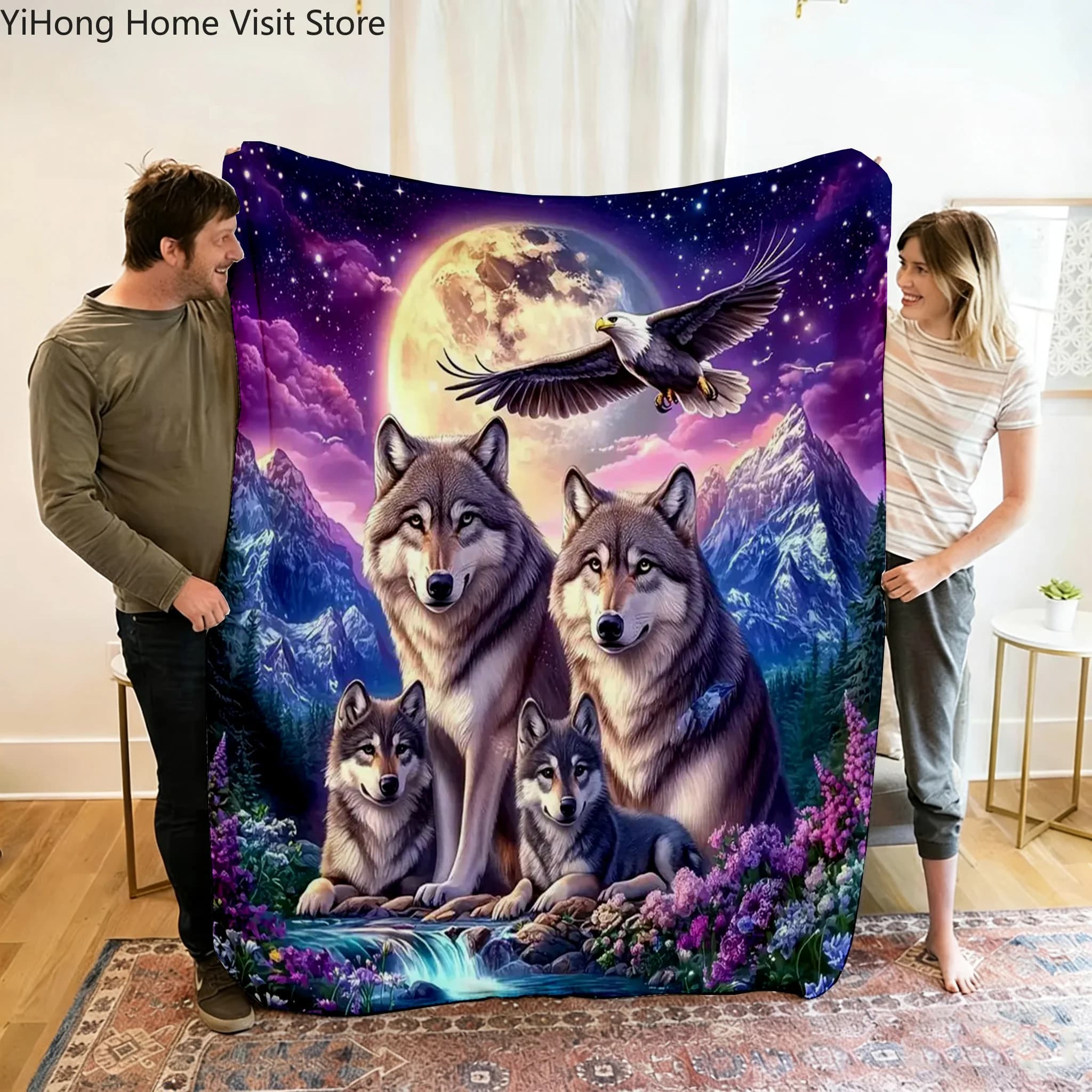 Wolf Eagle Pattern Flannel Warm Throw Blanket Home Lunch Break Blanket For Couch Sofa Office Bed Camping Trave Blanket