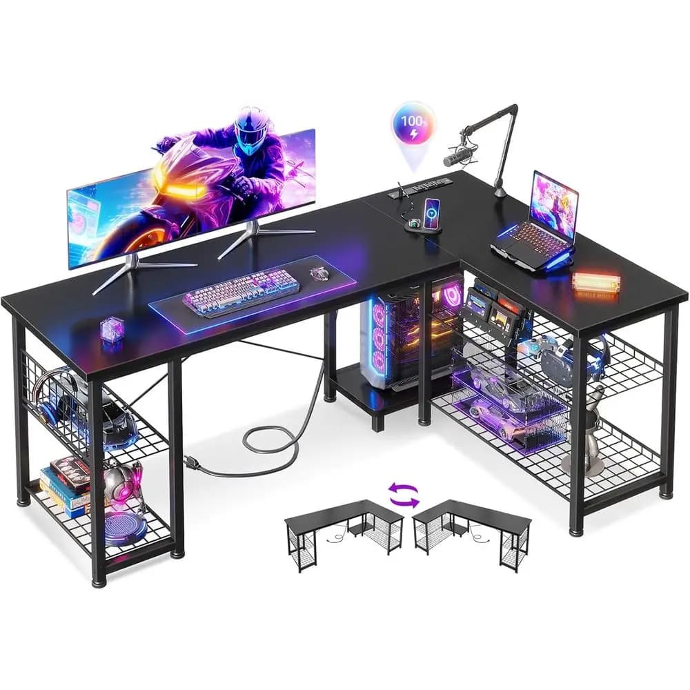Scrivania da Gaming a L da 51 Pollici con Ripiani e Prese di Corrente, Scrivania per Computer Reversibile con Ripiani Portaoggetti o per Ufficio Domestico, Nera