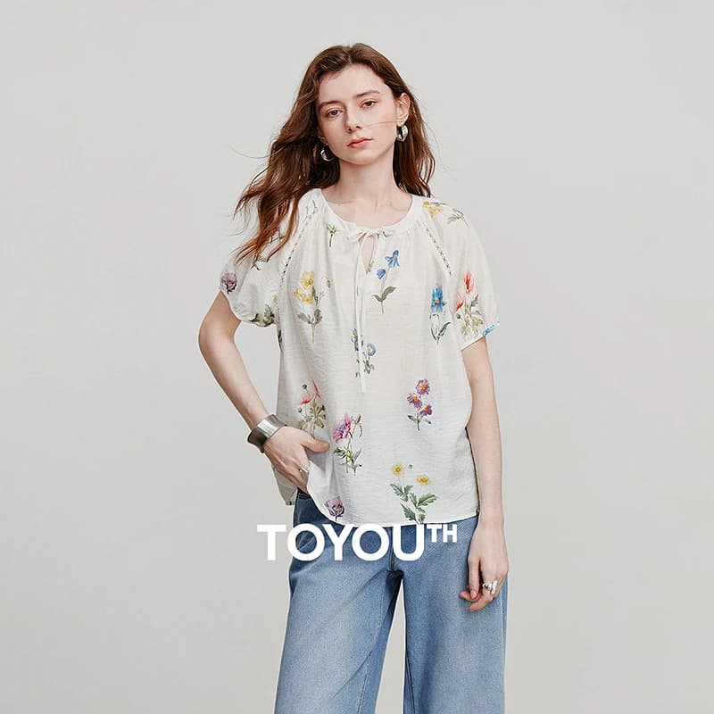 TOYOUTH Camicia camicetta da donna 2025 Estate Nuova camicia casual da vacanza con stampa floreale girocollo in velluto verde 8522046