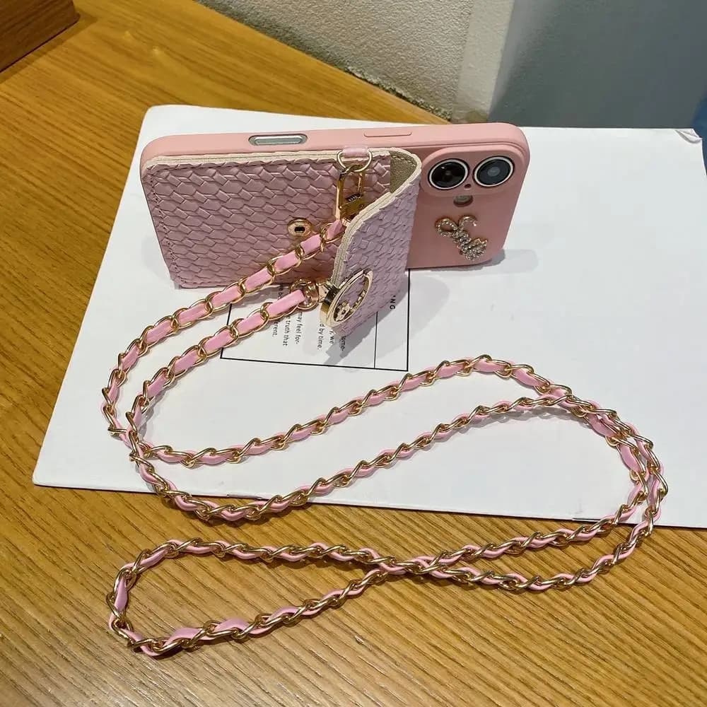 Custodia a tracolla di lusso con motivo intrecciato e porta carte per iPhone 16 11 12 13 14 15 Pro Max, con laccetto e funzione portafoglio