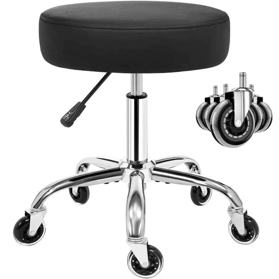 Round Stool with Wheels, Adjustable Height, 360° Swivel, Robusta Chair with Seat PU Leather Larga and Soft Massage cushion