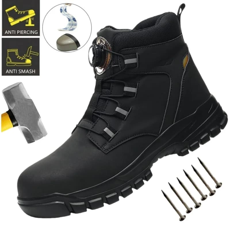Stivali da lavoro antiscivolo in pelle per uomo Scarpe antinfortunistiche con bottone rotante Sneaker con punta in acciaio Stivali protettivi antiforatura maschili
