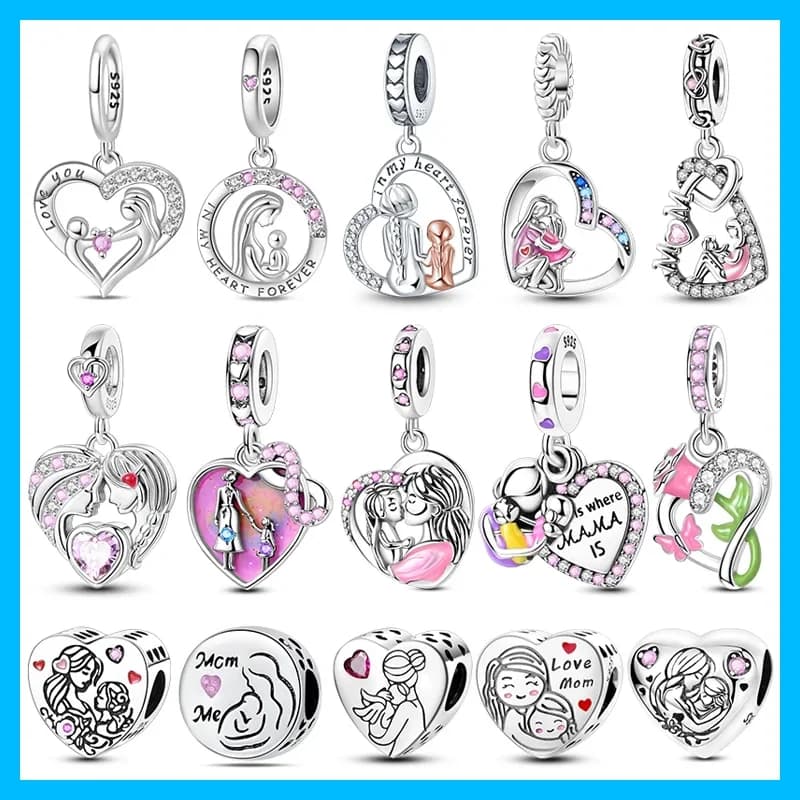 Mom Baby Heart Pink Zircon Dangle Original Charms Silver Plated Beads Fit Bracelets Bag Keychain Charms Diy Women Gift Accessory