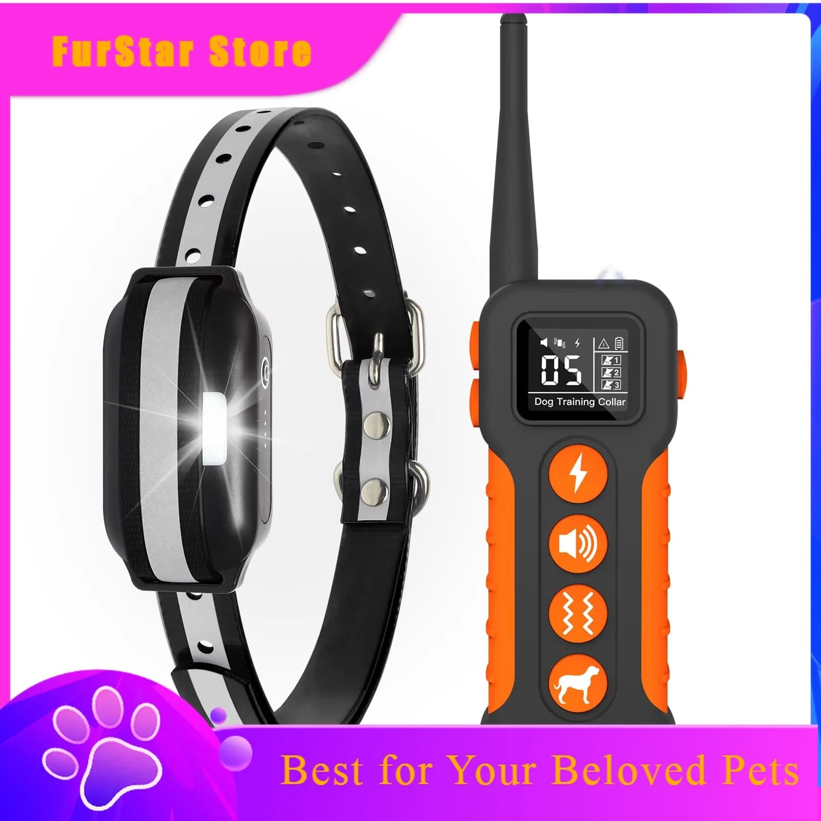 FurStar3300ft Dog Training Collar With LED Lights,Waterproof Electric Collar For Dogs,Rechargeable Anti Bark Collar For All Size