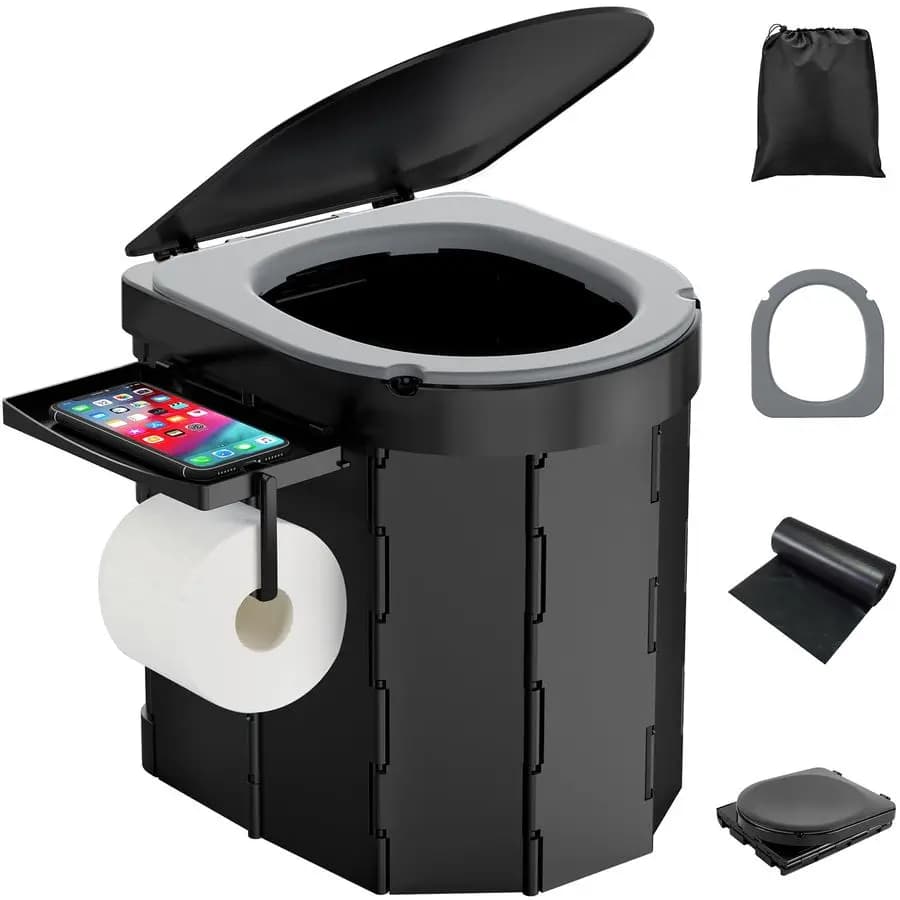 WC da Campeggio con Cuscino in PU, Toilette Pieghevole per Adulti con Ripiano per Telefono e Porta Carta Igienica, Toilette Portatile da Campeggio con Coperchio
