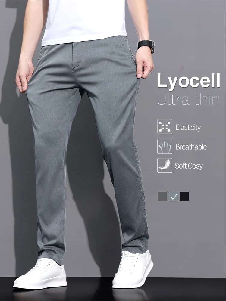Pantaloni casual da uomo estivi in tessuto di fibra Lyocell Pantaloni dritti slim da lavoro elastici morbidi e traspiranti alla moda Nero Grigio
