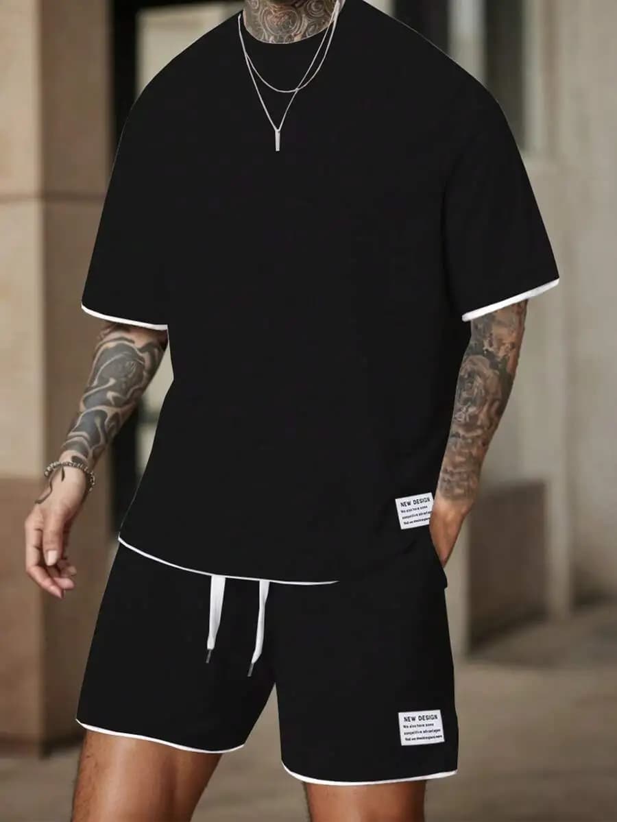 Manfinity Homme Men Letter Patched Detail Contrast Trim Tee & Drawstring Waist Shorts