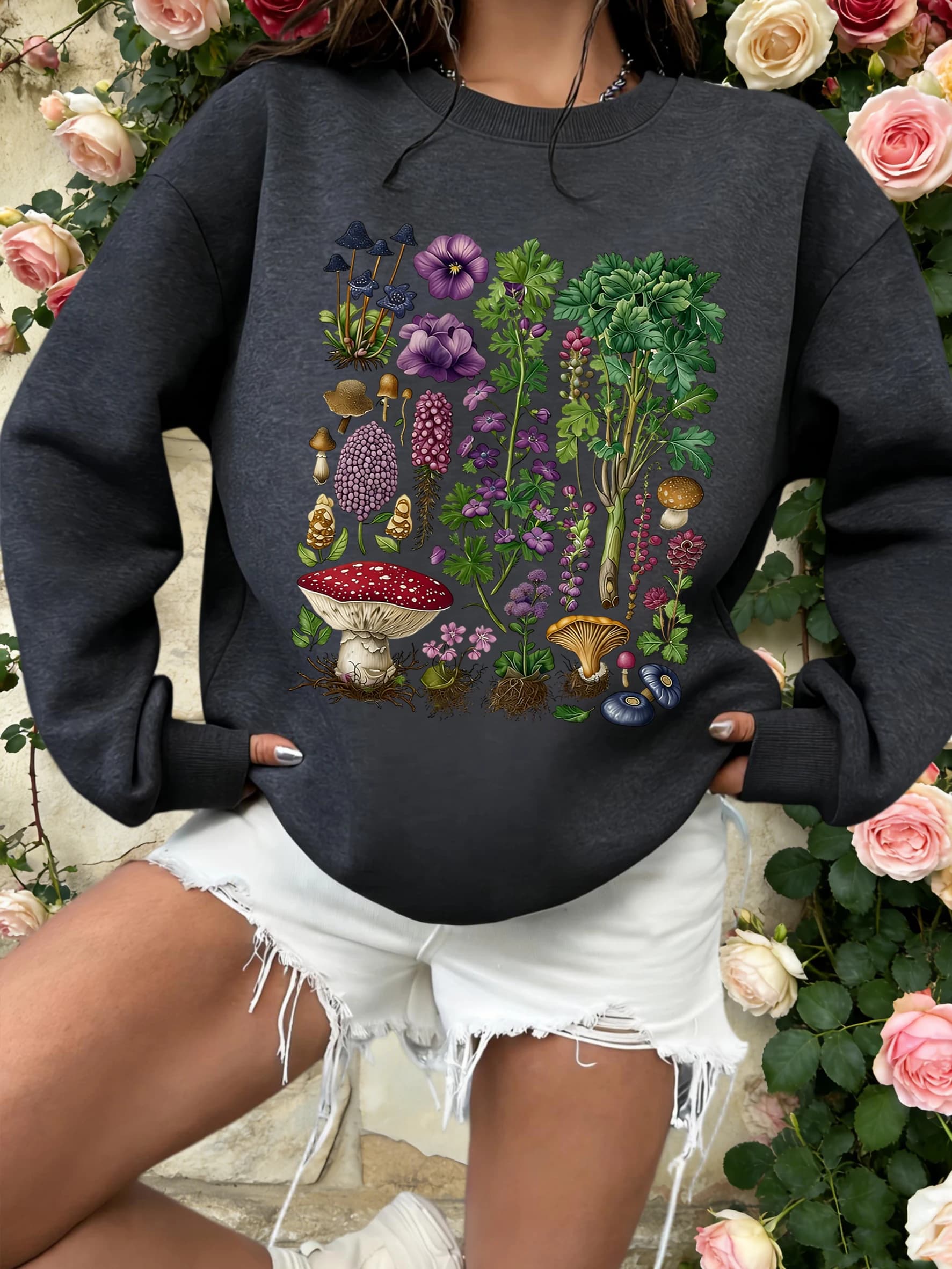 Women's Sweatshirt with Retro Print of Mushrooms, Flowers and Plants Grasscee, Pullover in Fashion Apples, Autumn Sportswear with Round Neck