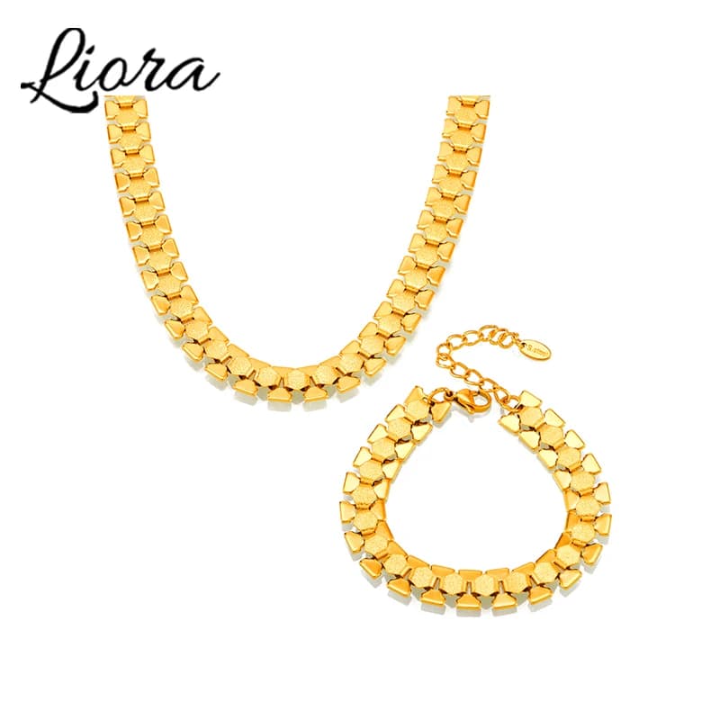 Liora Stainless Steel Geometric Necklace Bracelet For Women PVD Gold Plated Waterproof Retro Wedding Jewelry Set Gifts
