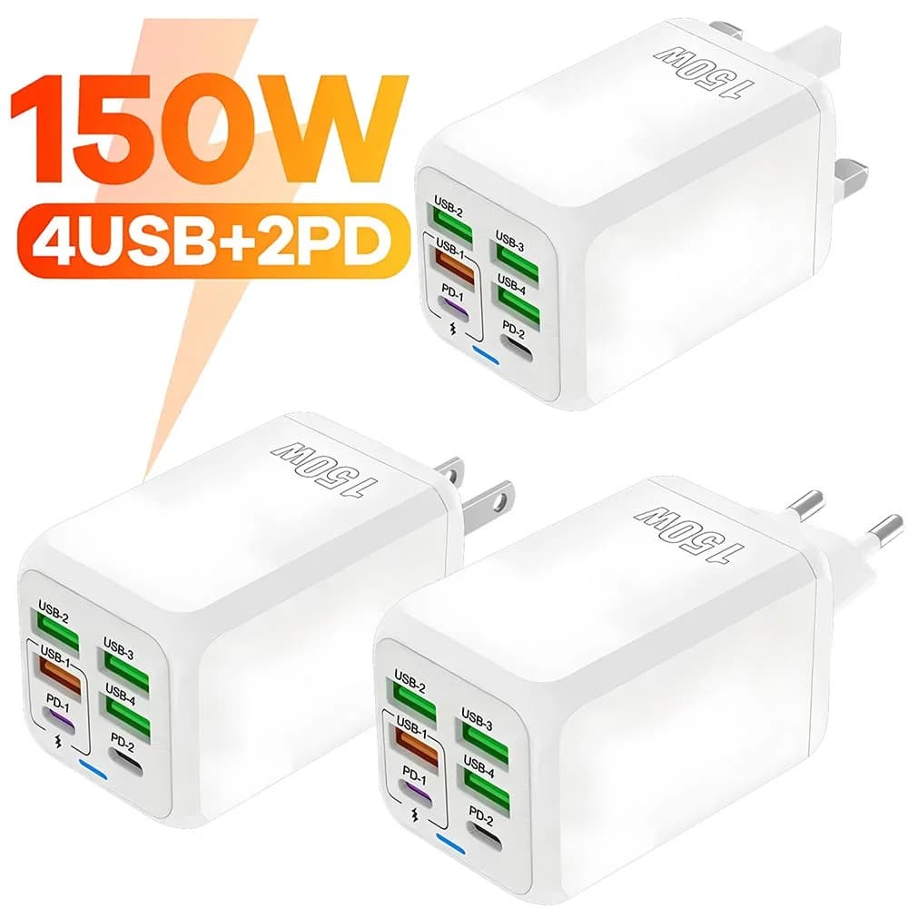 Caricatore da Muro Rapido 150W a 6 Porte, 4 USB + 2 PD, Adattatore Multi-Porta con Spine US EU UK per iPhone Xiaomi Huawei e Telefoni Cellulari
