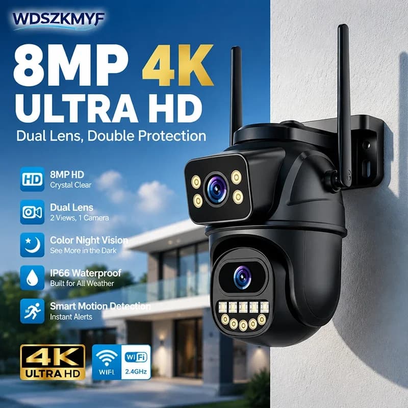 2026 New 4K 8MP Dual Lens 360 Monitoring Mobile Wifi Phone Remote Connection Waterproof IP66 Outdoor Security Webcam