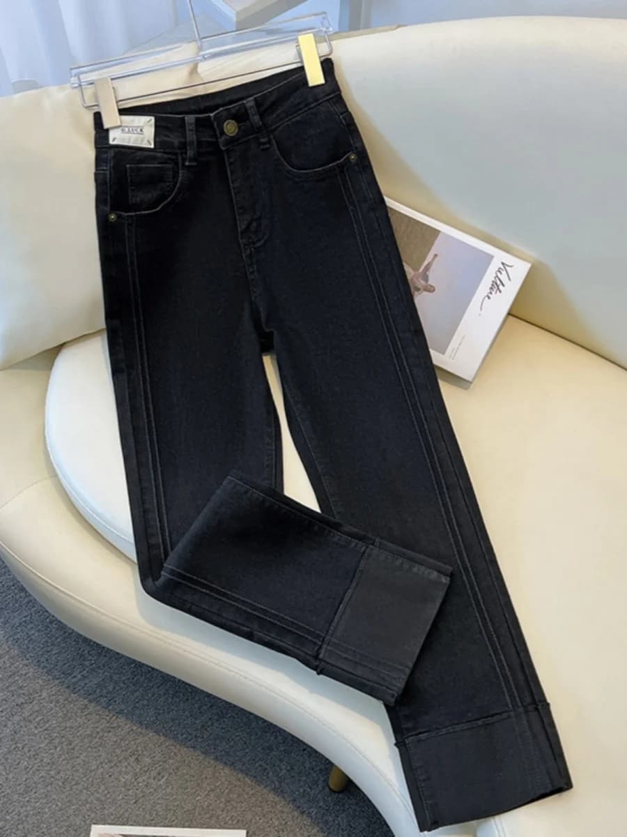 Black Straight Leg Jeans Women's plus Size Slimming New Style French Bread Pants High Waist Cotton Stretch Denim Nine Point Cuff