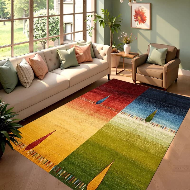 Colorful Abstract Landscape Area Rug Soft Non-Slip Boho Floral Tree Print Carpet Modern Art Striped Floor Mat for Living Room