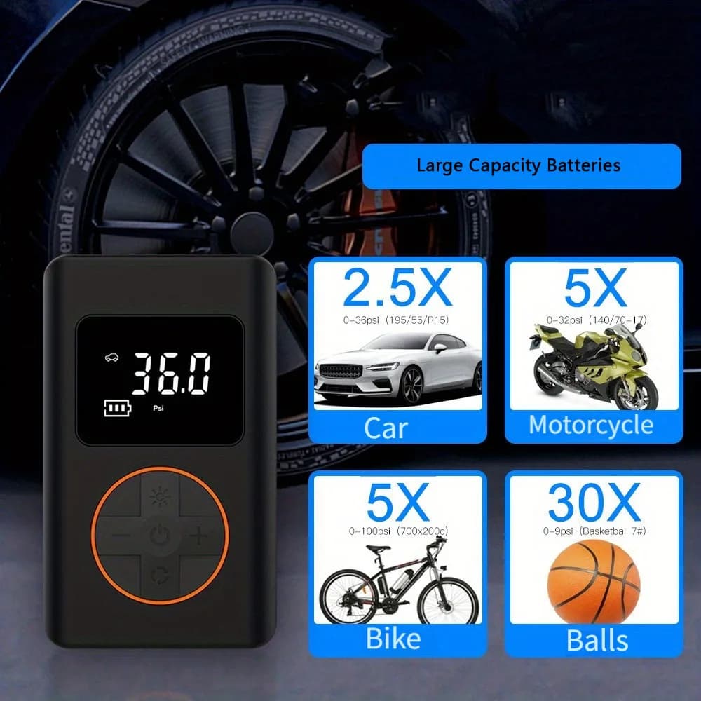 Compressore d'Aria Wireless per Auto, Gonfiatore per Pneumatici con Luce LED, Elettrico per Auto, Moto e Biciclette