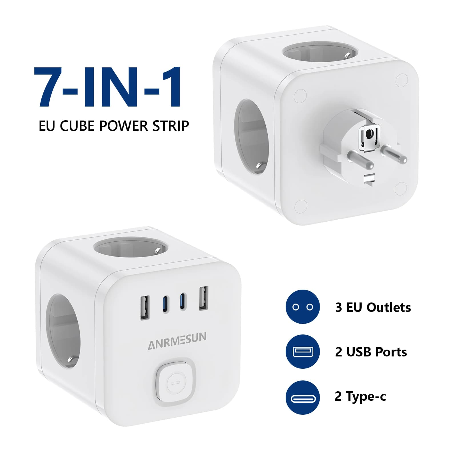 Prolunga per presa a muro con interruttore 3 prese 2 porte USB A e 2 porte di tipo C Caricatore adattatore per presa multipla portatile per viaggi