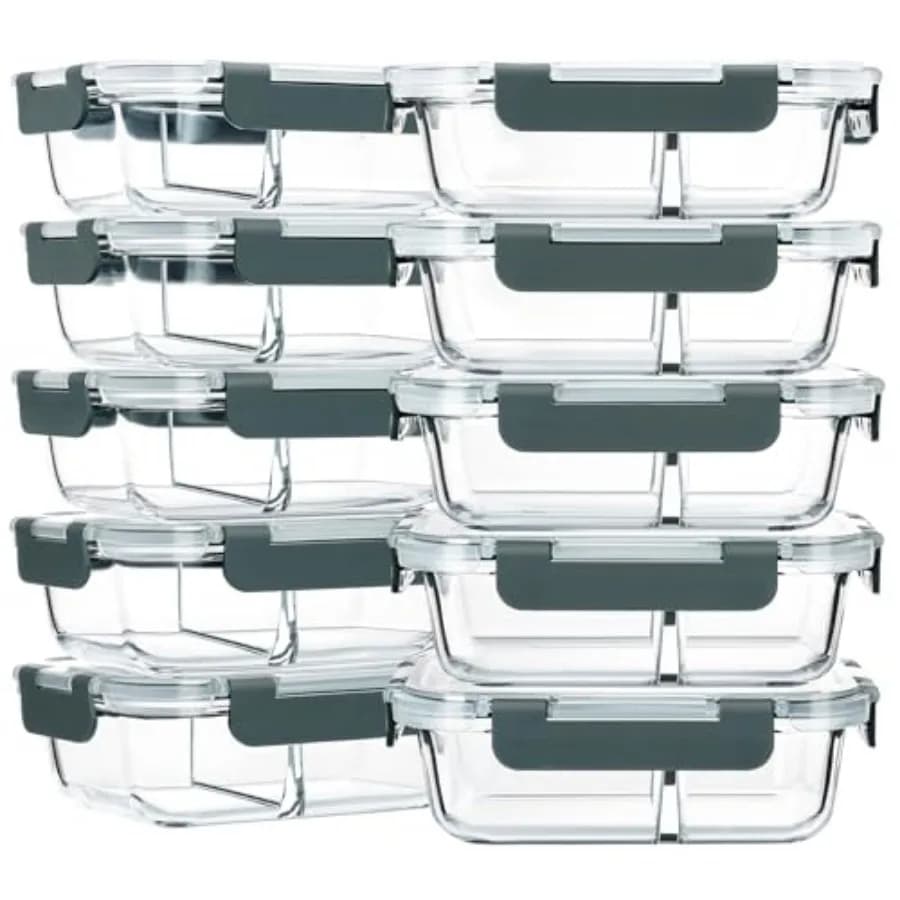 Set di 10 Contenitori in Vetro da 30 Oz per Preparazione Pasti, 2 Scomparti, Ermetici, Scatole Bento con Coperchi, Contenitori in Vetro per Alimenti Microondabili