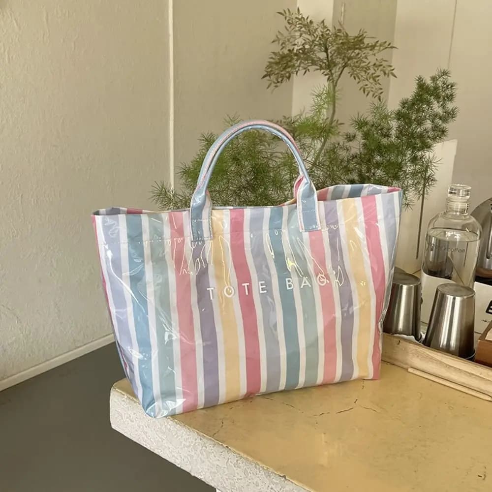 Borsa Tote Impermeabile in PVC a Righe con Stampa di Lettere, Borsa a Spalla, Pochette Trasparente in Stile Jelly