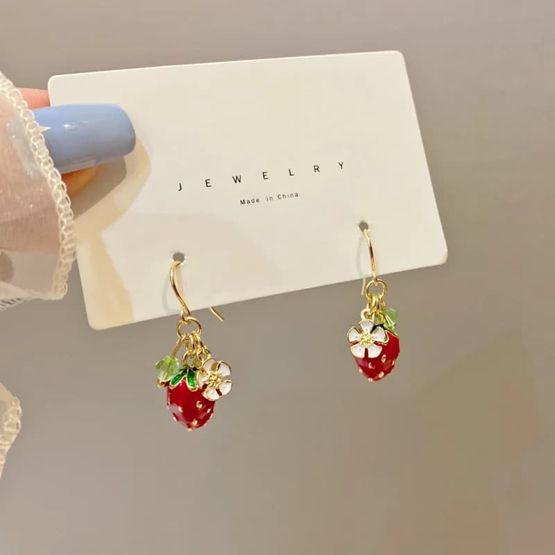European and American summer sweet girl fruit earrings cute little fresh strawberry ear hook fairy flower earrings