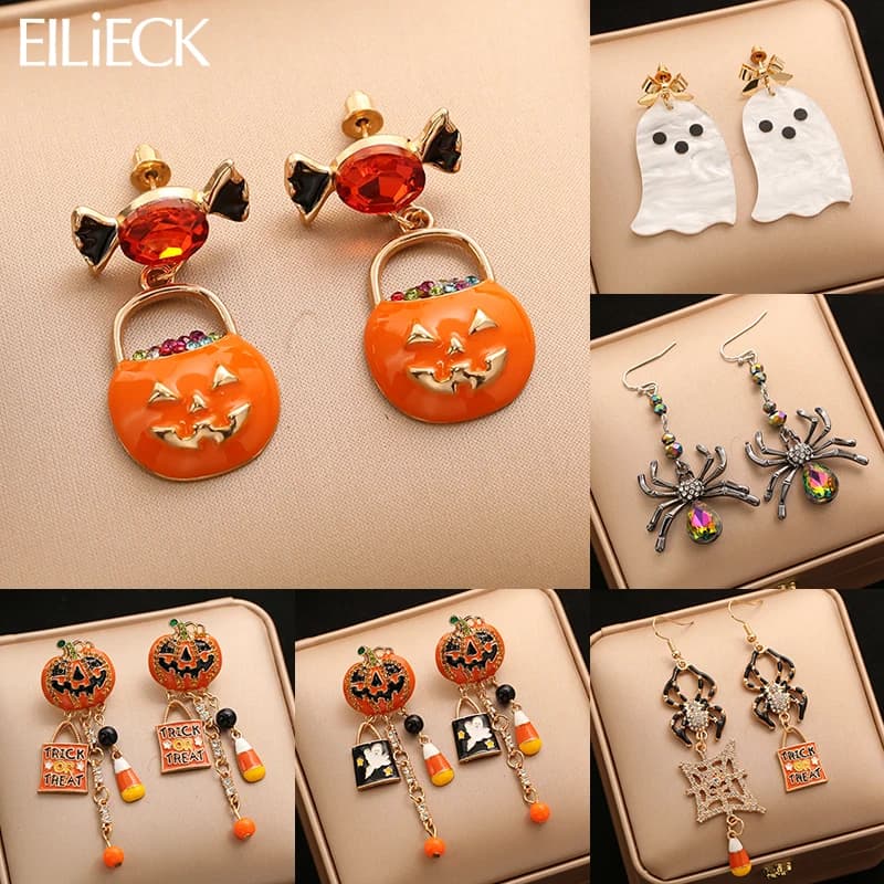 EILIECK Nuovi orecchini pendenti creativi di zucca di Halloween fantasma ragno per le donne Moda divertimento orecchio ciondola gioielli regalo di festa