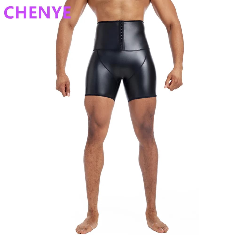 Mens New Fitness Slim Pantaloni in pelle elasticizzata Body Shaper Vita Trainer Vita alta Addome 3 Ganci Pantaloncini in pelle a compressione