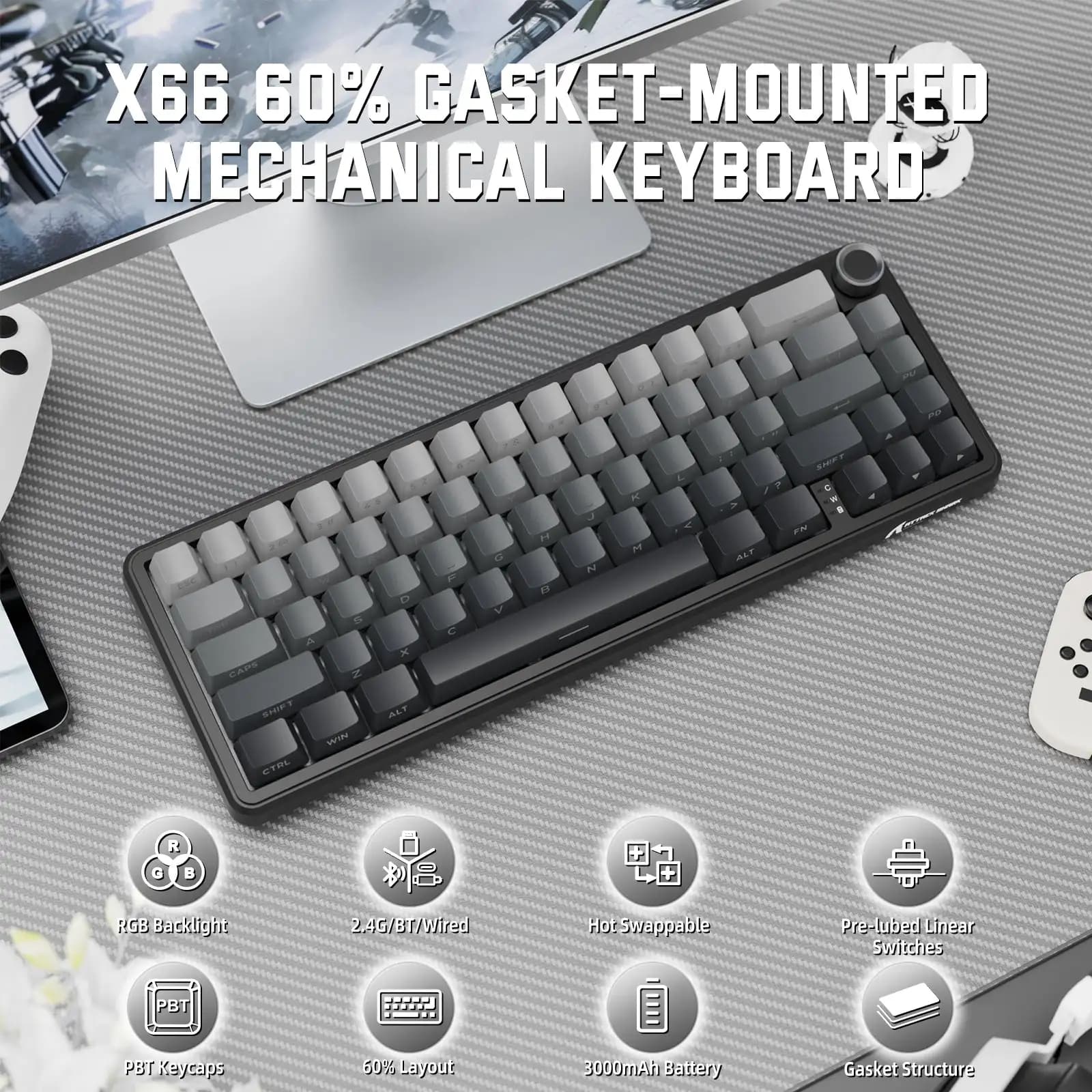 Tastiera Meccanica Attack Shark X66 Tri-Mode Wireless con Manopola, Retroilluminazione RGB, Tasti PBT Stampati Lateralmente, Tastiera da Gaming
