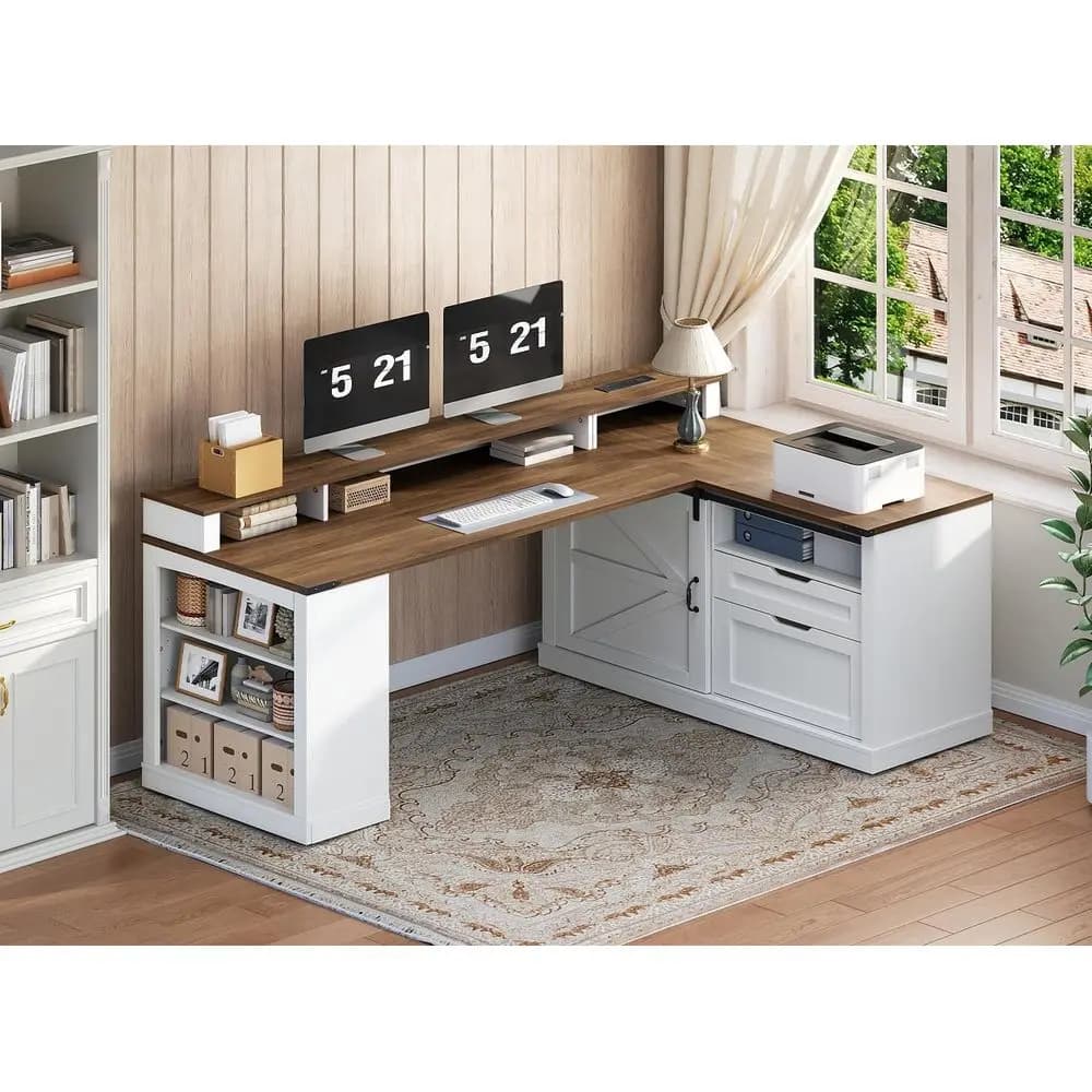 Scrivania a L con cassetti, scrivania direzionale 53 con schedario e supporto per monitor, scrivania per computer in legno con presa multipla per casa