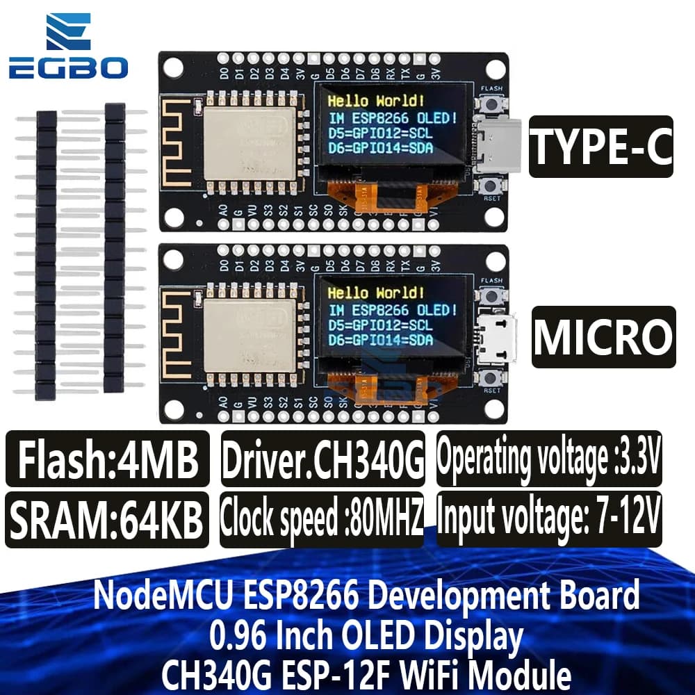 NodeMCU ESP8266 development card with 0.96 inch CH340G ESP-12F USB TYPE-C WiFi module for Arduino/micropyone