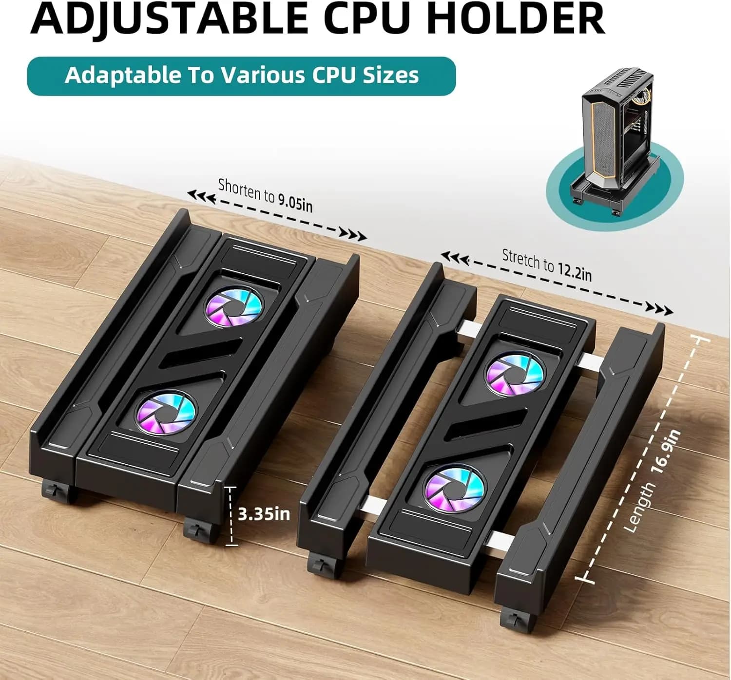 Supporto per torre per computer regolabile con ventola di raffreddamento Supporto per CPU mobile 4 rotelle rotanti Carrello da pavimento per PC Riser per PC sotto CPU da scrivania