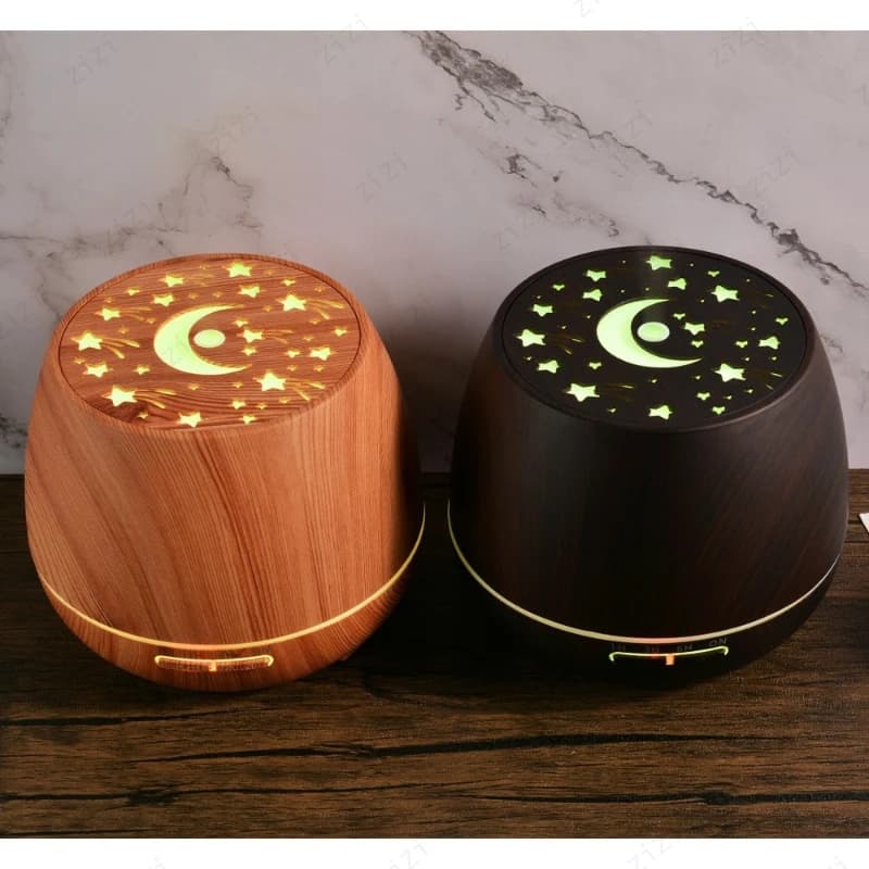 Macchina per aromaterapia umidificante portatile con diffusore di oli essenziali serie stella e luna con venature del legno cavo telecomandate