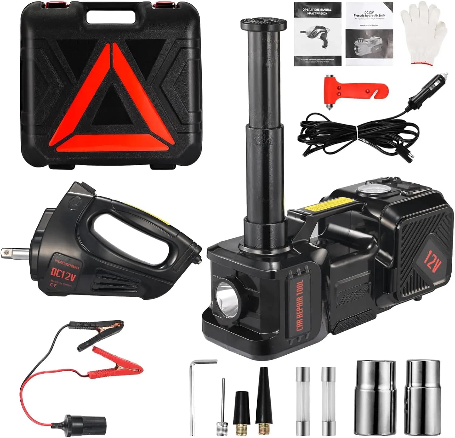 Kit cric per auto elettrica da 5 tonnellate 12V con gonfiatore incorporato e avvitatore a percussione per il cambio dei pneumatici del veicolo