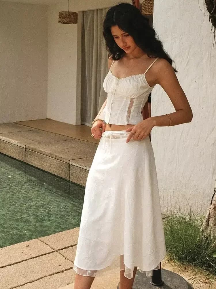 Chicheca Summer White Dress Set Donna 2 pezzi Set coordinato Gonna Abiti Spaghetti Strap Top + Gonna Set Vacanza Beach Dress 2025