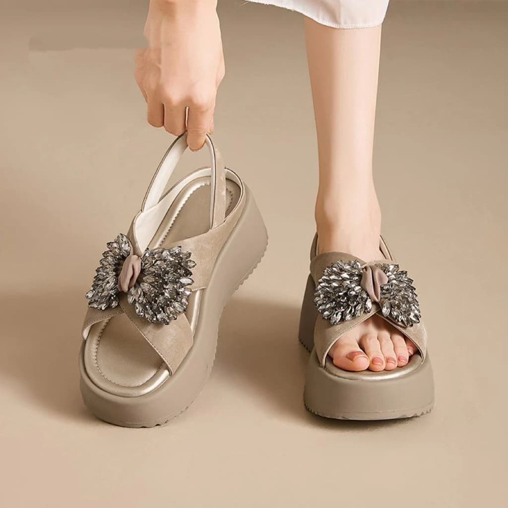 Sandali Estivi da Donna con Strass e Fiocco, Plateau, Tacco a Zeppa, Suola Spessa, Casual da Spiaggia