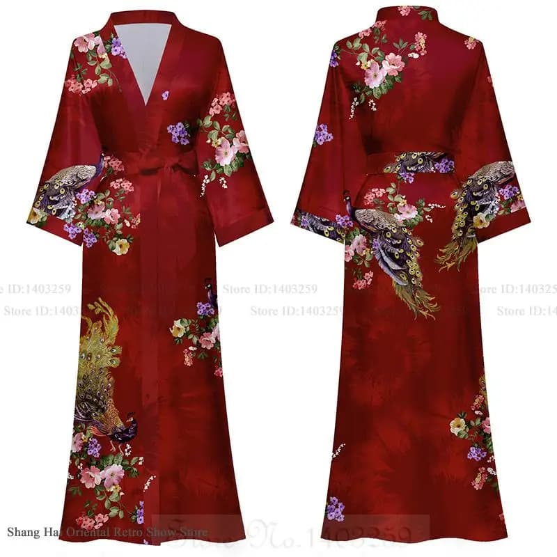 Plus Size Abito lungo femminile Camicia da notte Stampa Fiore Kimono Accappatoio Abito Primavera Estate Indumenti da notte Abito da casa Pigiama in raso allentato