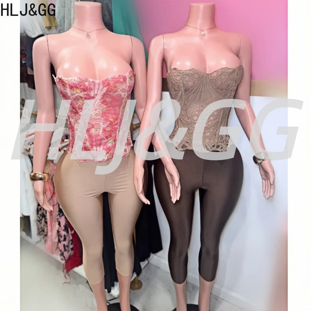 HLJ&GG Sexy Y2K Print Irregular Bandage Tube Two Piece Sets Women Off Shoulder Sleeveless Backless Top And Skinny Pants Outfits