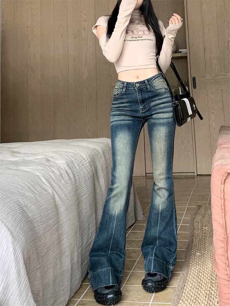 Dark Blue High Waist Flared Jeans Stretchy Bell Bottom Pants Trousers Women Denim Jeans