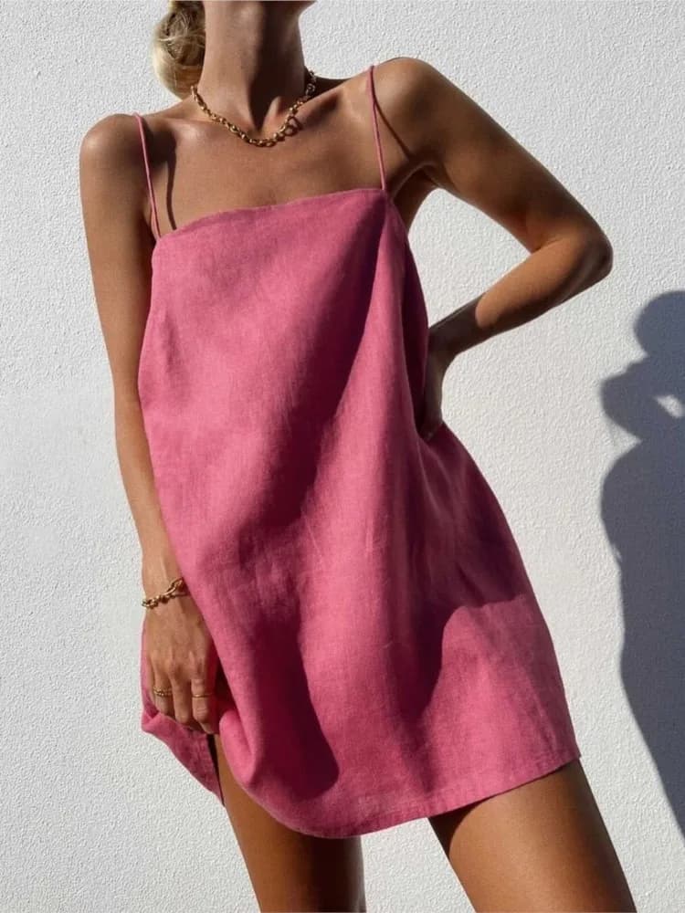 Women Cute Spaghetti Strap Dresses Sexy Camisole Cotton Linen Dress Casual Vacation 2025 Summer New Trendy Beach Short Sundress