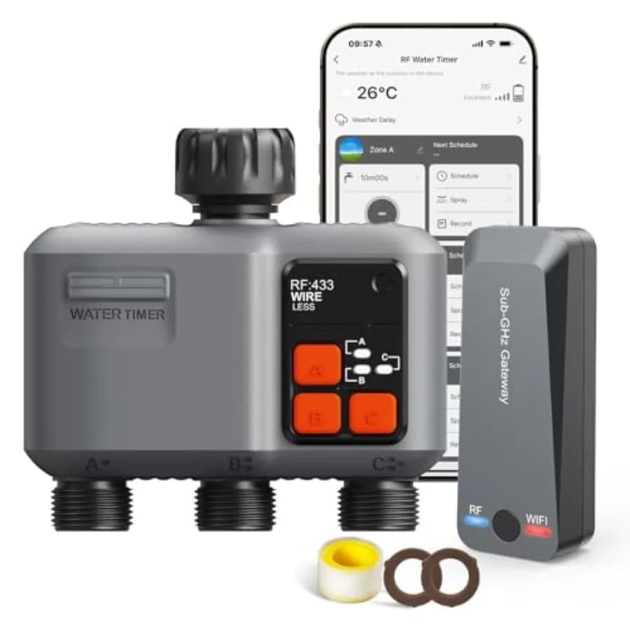 Timer Irrigazione Smart WiFi a 3 Zone con Gateway RF da 300 Metri per Tubo da Giardino, 3 Uscite, Ritardo Pioggia, Manuale e Automatico, Nero