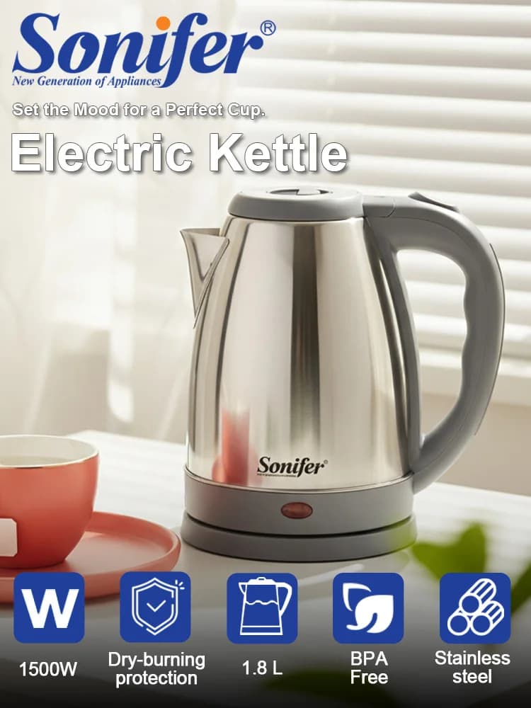 Bollitore Elettrico Sonifer SF-2048 1.8L in Acciaio Inox, Ebollizione Rapida, 1500W, Spegnimento Automatico, Protezione Anti-Surriscaldamento, Cordless a 360°
