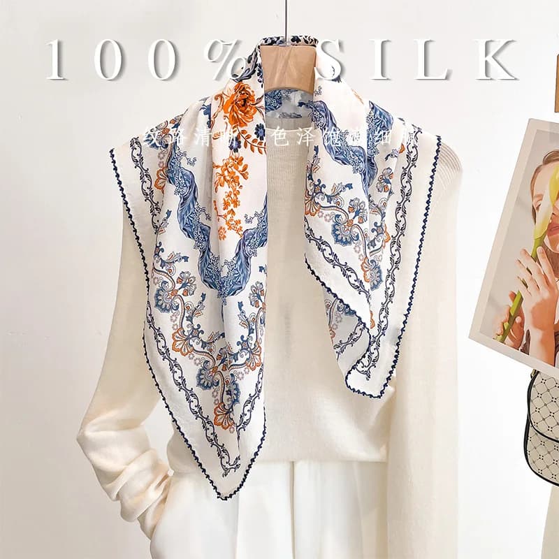 Luxury 100% mulberry silk Square Scarf 70cm Retro Baroque Flower Scroll Print Neck Wrap Headscarf Bag Decor Ladies Daily Present