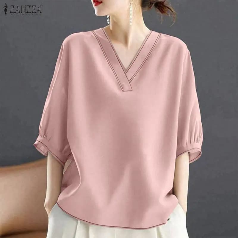 ZANZEA Camicette con maniche a lanterna 3/4 con scollo a V e cuciture a contrasto per donna, top casual larghi, pullover estivi, casual per tutti i giorni, Blusa de Mujer