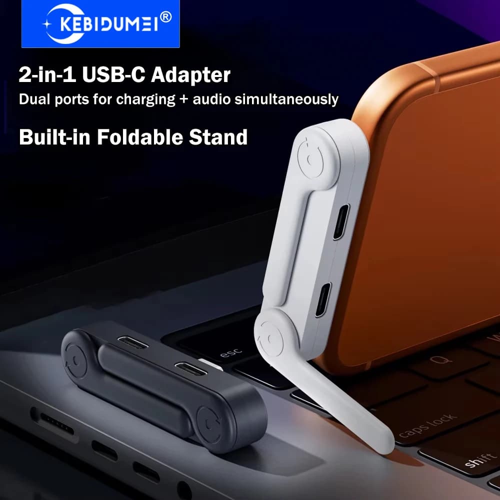 Adattatore per Cuffie USB-C 2-in-1 KEBIDUMEI con Supporto Pieghevole, Doppia Ricarica Rapida PD Type-C e Splitter Audio per iPhone 15/16 e Android