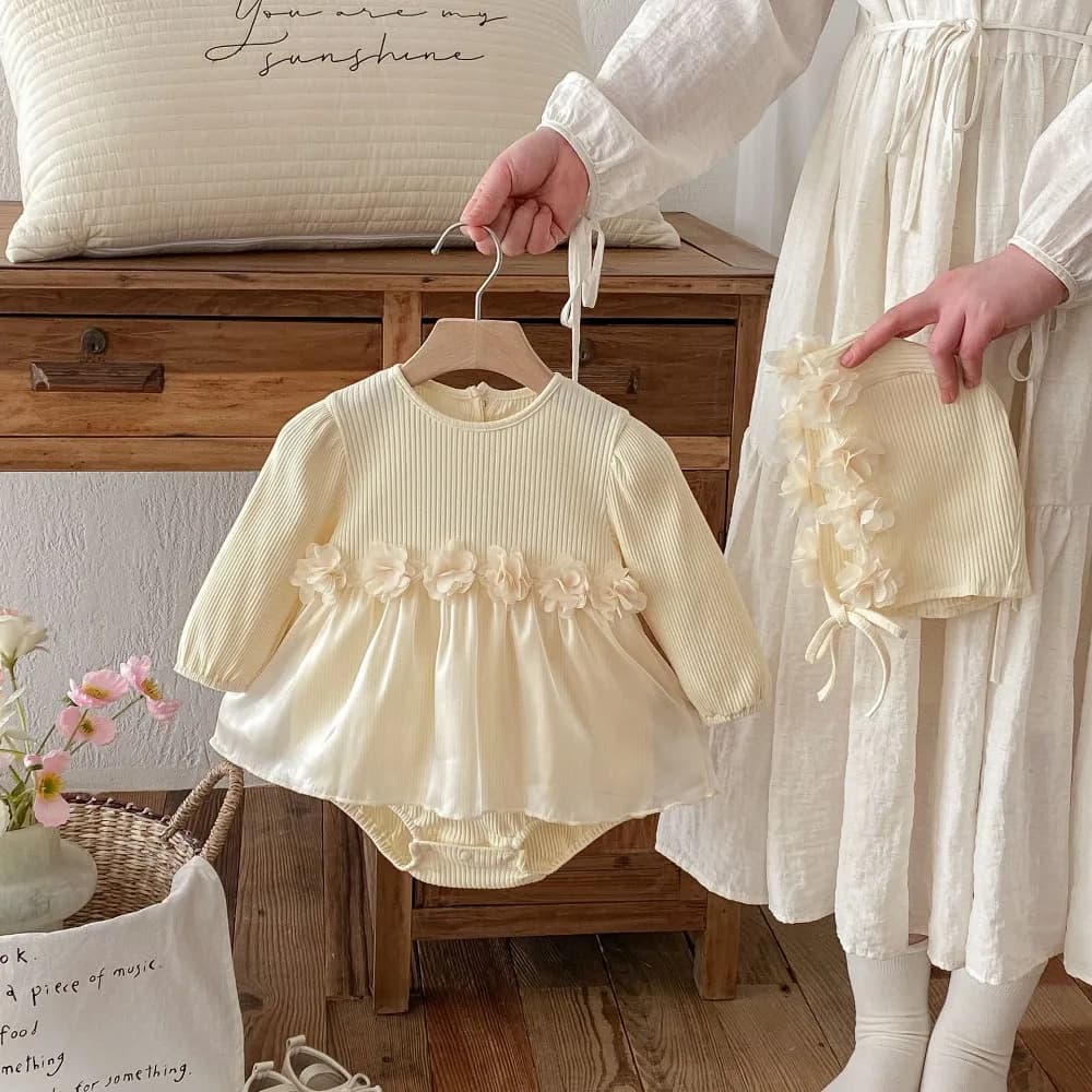 INS Autumn Baby Girl Clothes 0-2Years Newborn Princess Solid Color Long Sleeve Flower Skirted Romper Dress Bodysuit Hat 2PCS