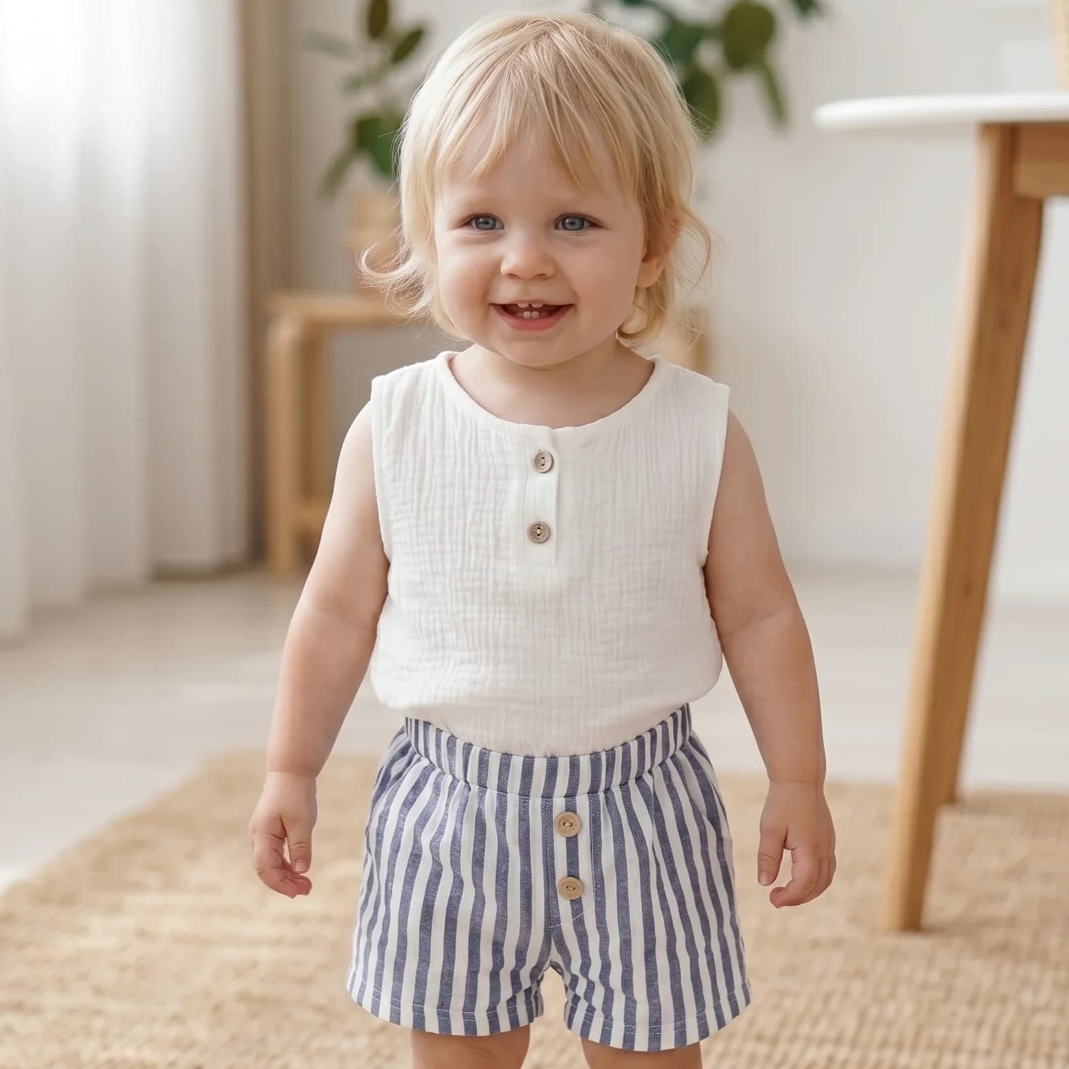 New Baby Summer Cool Breathable Knit Round Neck T-Shirt + Striped Shorts 2-Piece Outfit for Boys Girls Suitable for 0-3Y