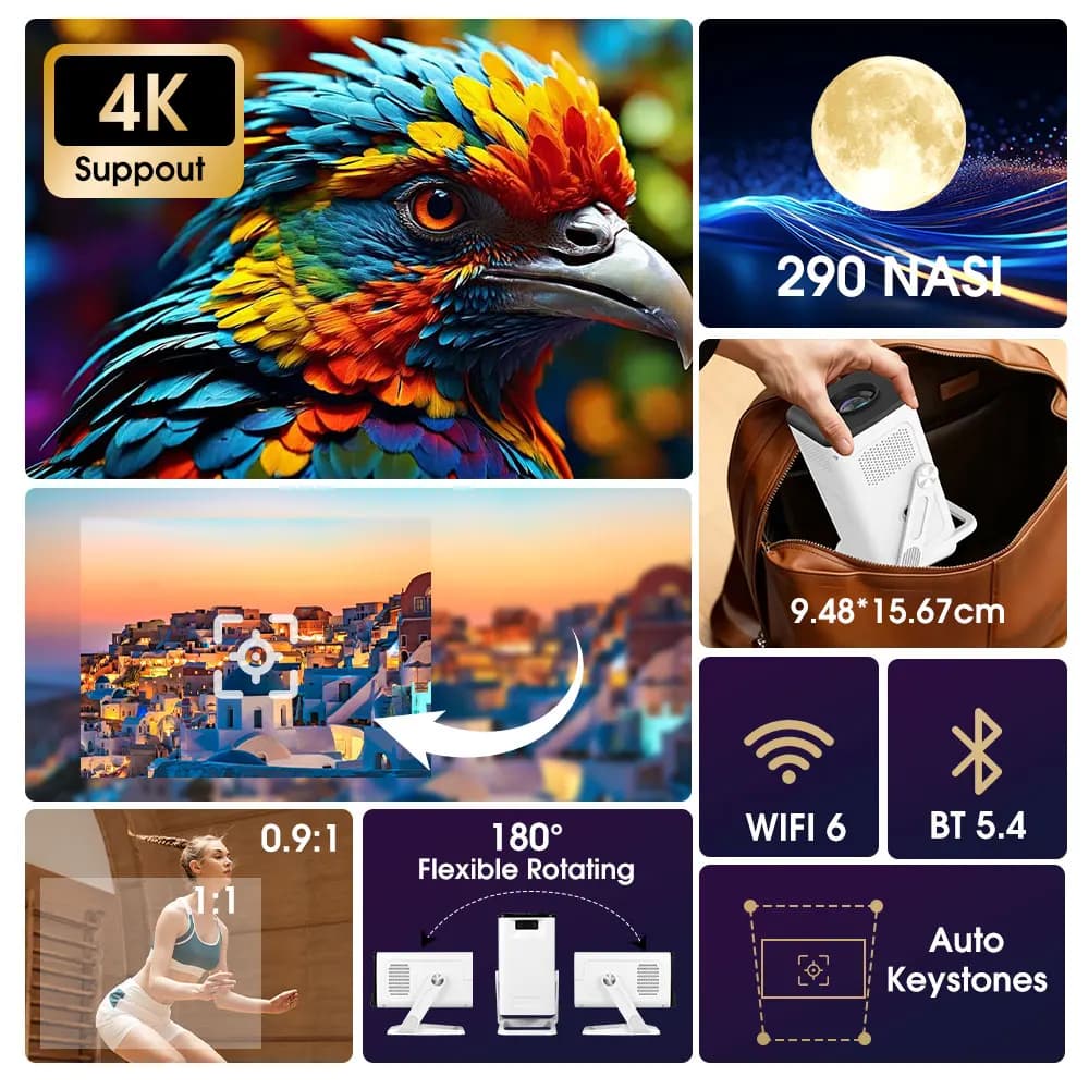 Mini Proiettore KIXIN 4K Android 14 Dual Wifi6 290ANSI Allwinner H726 BT5.4 4K 1280*720P Home Cinema Proiettore per Esterni per Film