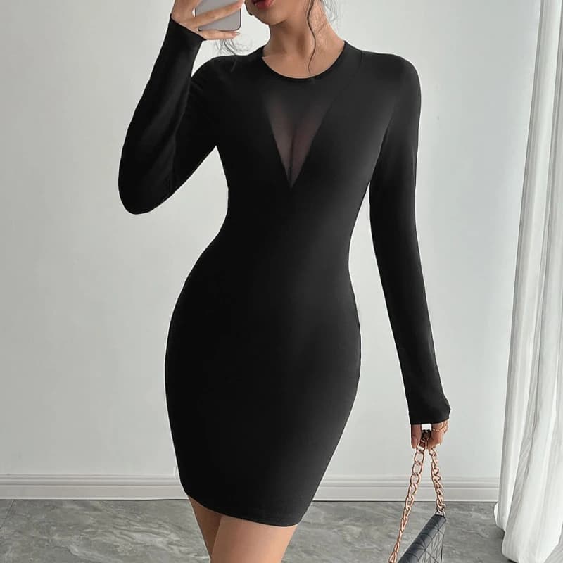 Abito a tubino nero sexy e alla moda in rete trasparente, mini abito slim con scollo a O da donna, estivo 2026, a maniche lunghe, per l'ufficio