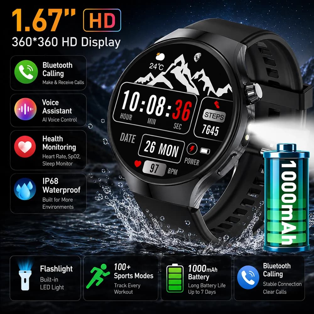 2026New T-Rex3 Pro 1000mAh Smartwatch Men LED Flashlight Rugged Outdoor Sport Health Monitoring Waterproof BT Call Smart Watches