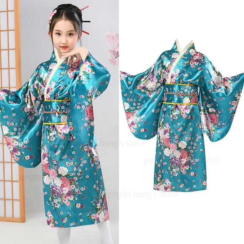 New Japanese Children's Kimono 2026, Vintage Yukata Dress with Pattern Pavone, Halloween Costume and Cosplay