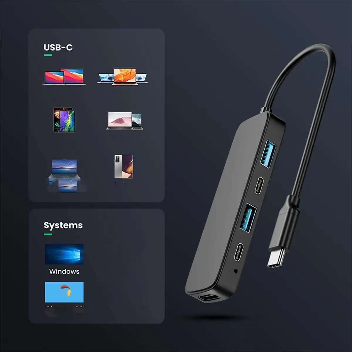 USB 3.0 5 Porte Digital Essentials with 4K Support - Compatible with Dual USB-A/C, 5Gbps Data Transfer for USB Keys and Foldable Disks